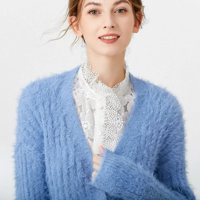 레이스 플로럴 스웨터 셔츠 탈부착 가능한 칼라 여성용 가을 및 겨울 패션 홀로우 아웃 바텀 페이크 칼라 장식