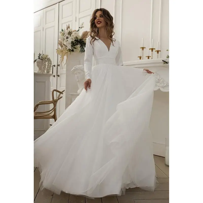 Abito da sposa semplice A maniche lunghe 2024 una linea con scollo A V gonna in Tulle con perline abiti da sposa Lace-up Back Custom muslimatcustom