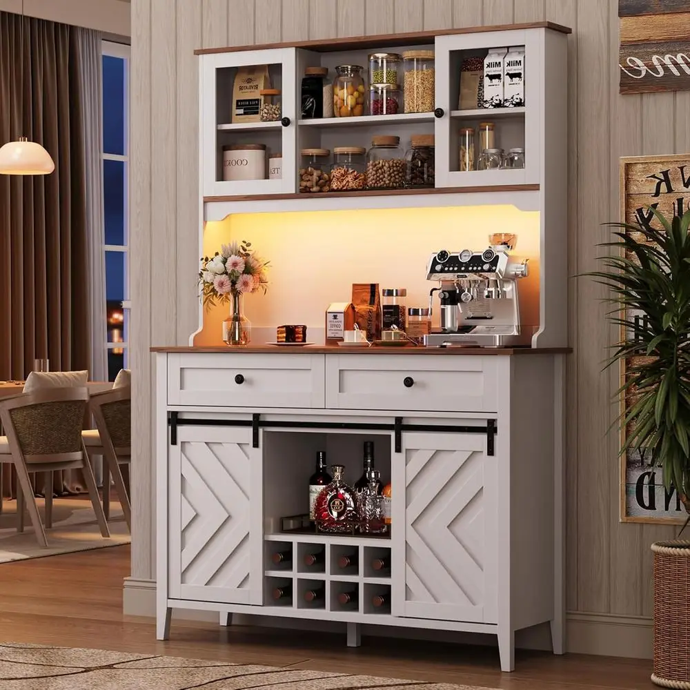 

Large Kitchen Buffet with Wine Storage, 72 Sliding Barn Door Cabinet, Hutch, Charging Station, 2 Drawers, 8 Shelves, LED Lightin