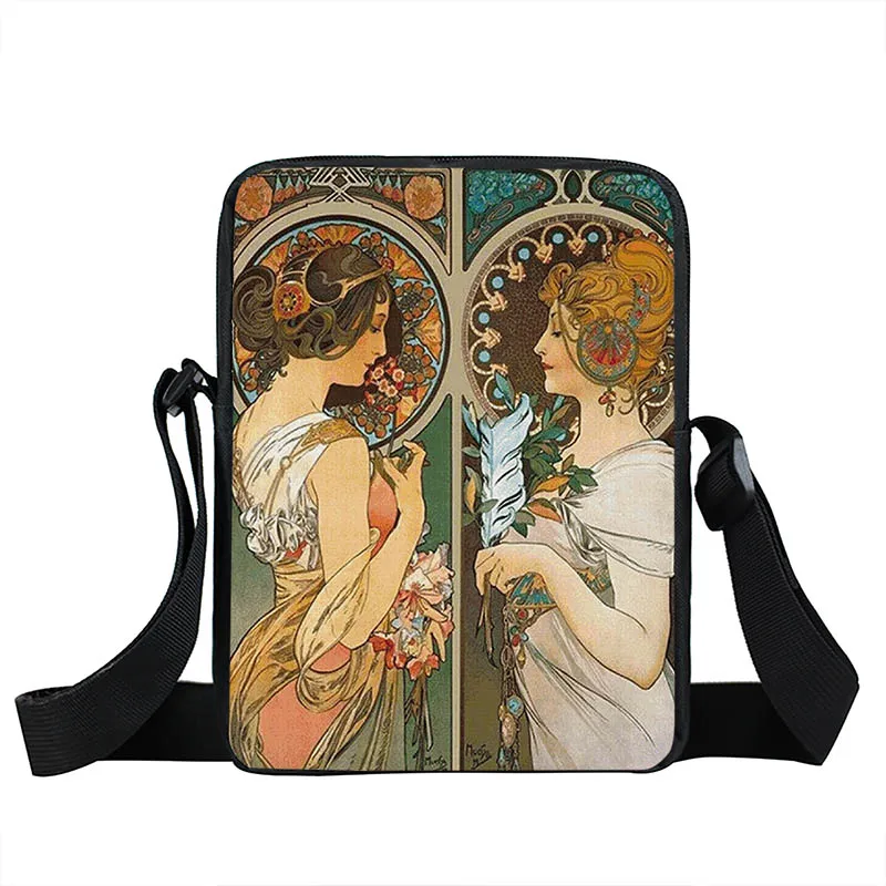 Oil Painting By Alphonse Mucha Print Crossbody Bag Women Handbag Messenger Bags Phone ID Card Key Shoulder Bag Holder Book Bags