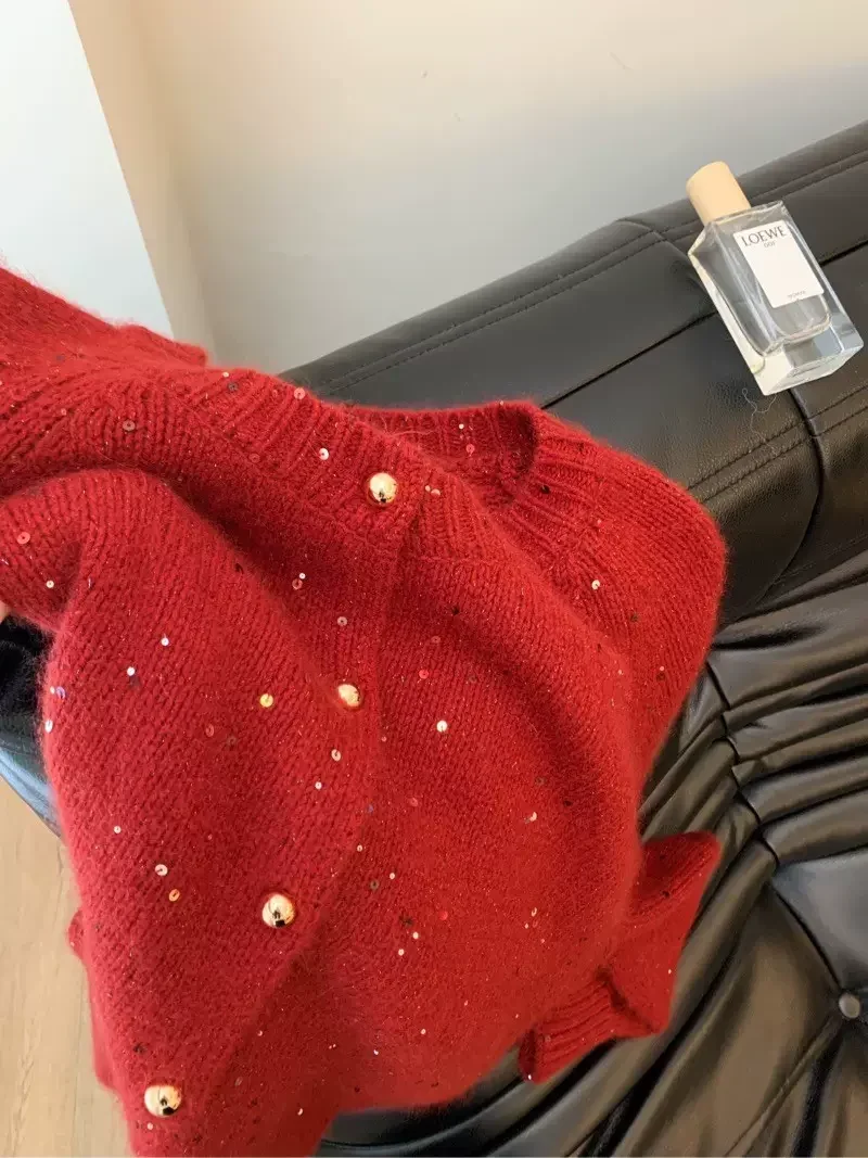 Red Sequined Cardigan Women Loose Knitted Sweaters Tender All-match Popular Autumn Winter Button-up Korean Style Design 2024