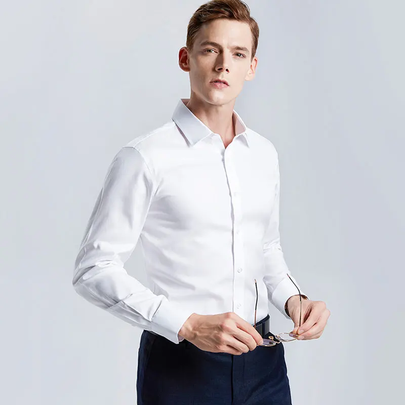 Men's White Non-Iron Business Shirt Professional Long Sleeve  Collar Fleece Lined Thickened Special Wide Fit Autumn Shirt