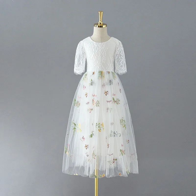 Girls Lace Embroidered Flower Princess Dress Summer Sweet Elegant Long Tulle Dress Kids Formal Party Gown Fashion Outfit