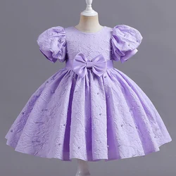 Robe de princesse à paillettes pour filles, manches longues à bulles, petite robe de mariage en maille pour enfants, été, M122