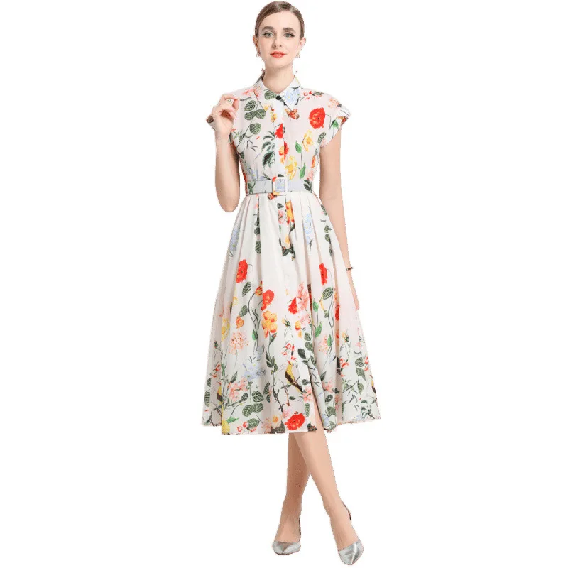 Summer 2025  Collar Printed ort Sve Midi Dr High Waist Thi Material Women's Faion  Ne irt Dr