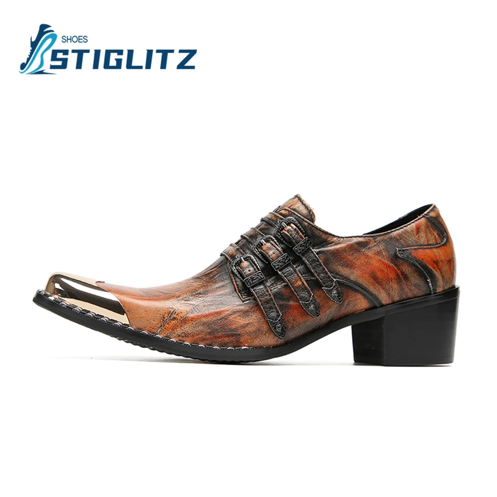 Zapatos de cuero genuino con hebillas de tres cinturones para hombre, mocasines Vintage, punta de Metal, tacón cuadrado, zapatos casuales Chelsea de