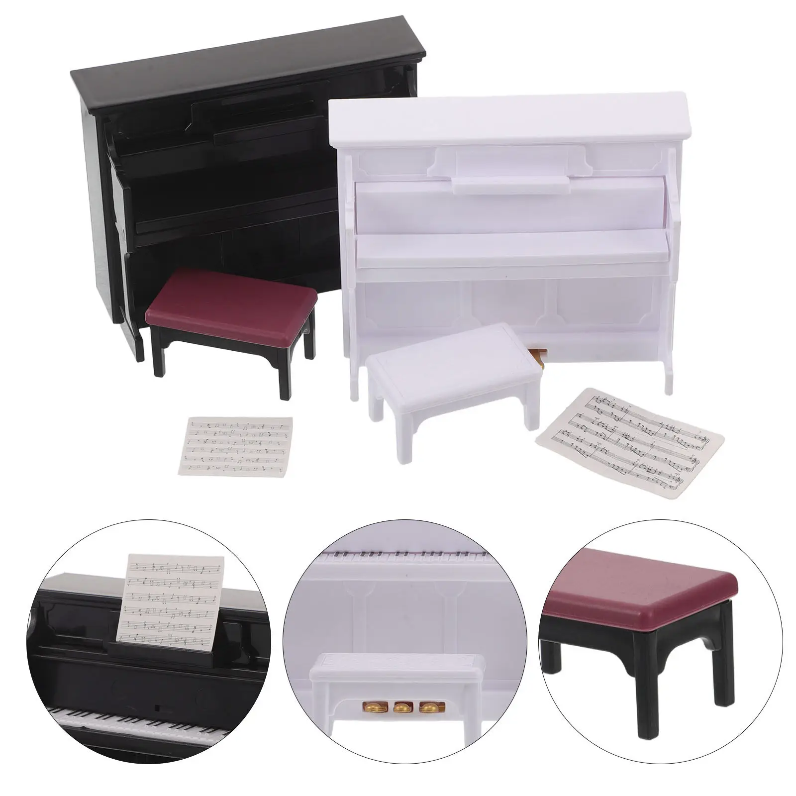 2Sets Miniature Upright Piano and Stool for Dollhouse Furniture Mini House Interior Decoration Photography Props Tiny Piano