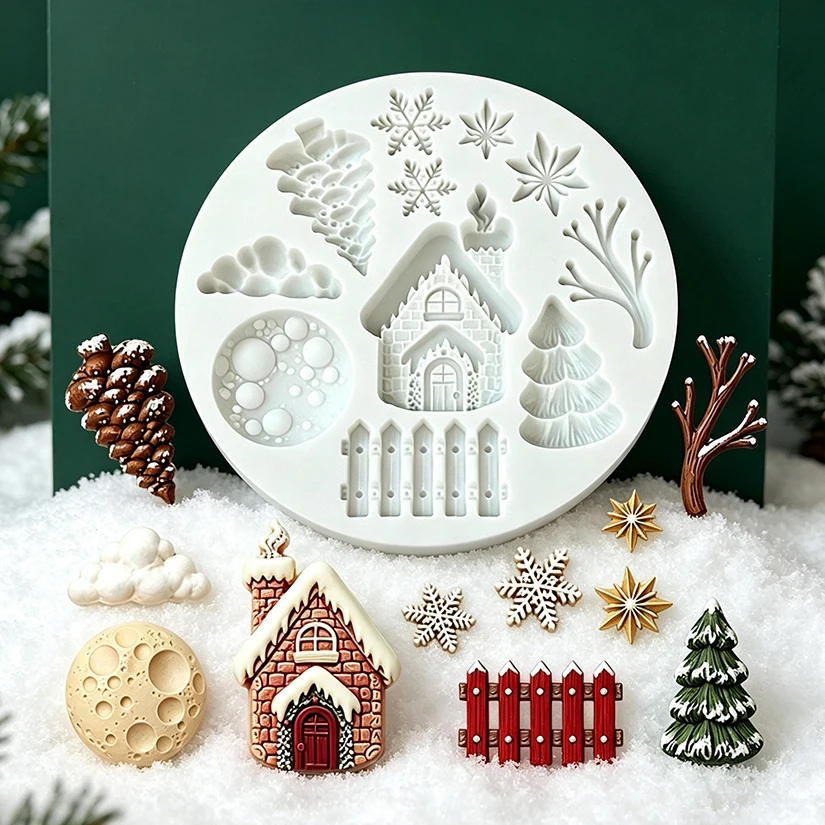 Christmas Snow House Tree Fence  Snowflake Silicone Mold for Sugarcraft Resin Cupcake Baking Fondant Cake Decorating Tools