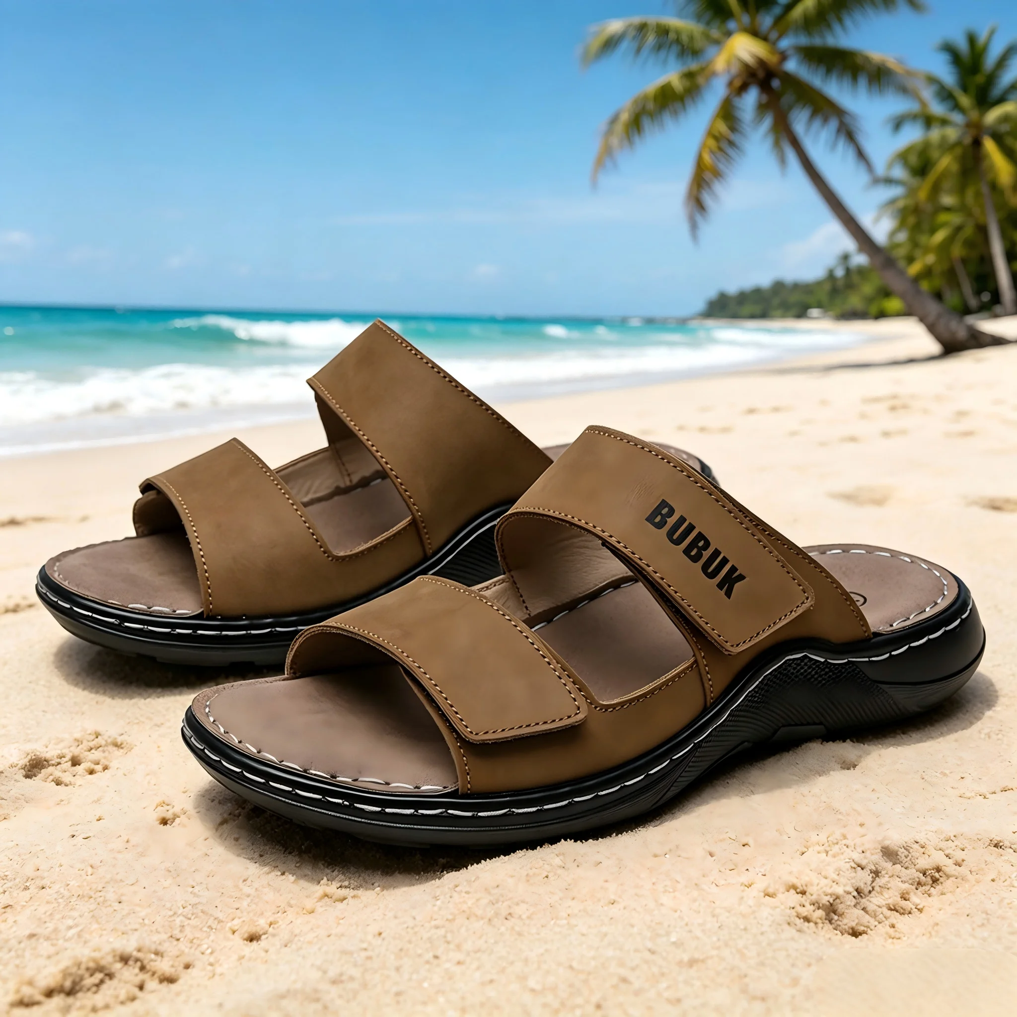 Bubuk Summer Men's First-Layer Cowhide Slip-On Sandals, Open-Toe Sandals, Outdoor Commuting Beach Non-Slip Pu Thick-Soled Casual Slippers
