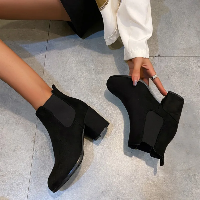 Women's Ankle Boots Black Faux Suede Elastic Side Chunky Heel Chelsea Boots Casual Comfortable Walking Shoes for Women
