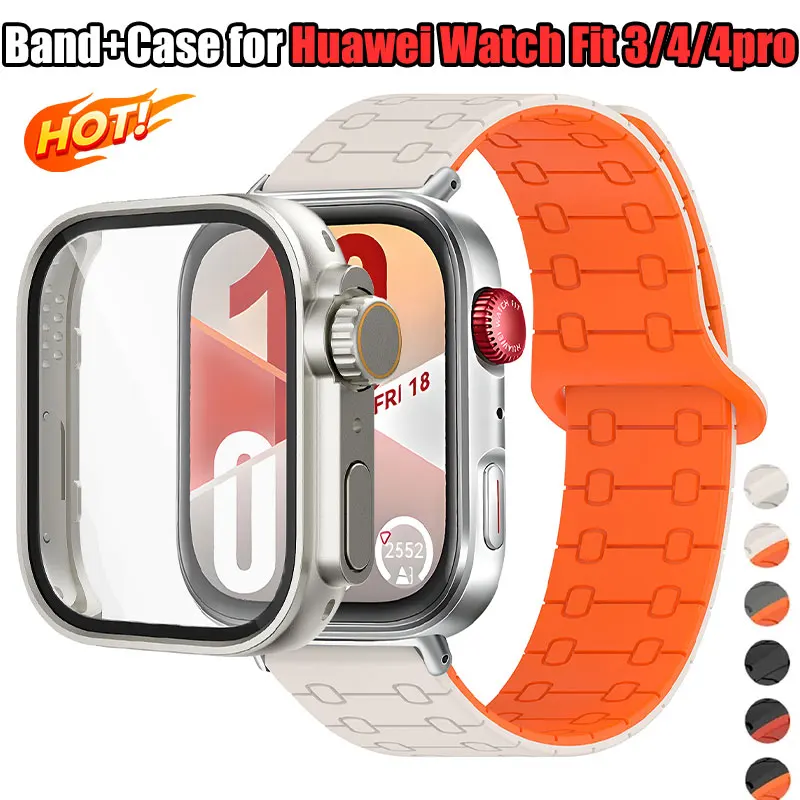 Magnetisches Armband+Hülle+Panzerglas für Huawei Watch Fit 3/4/4Pro Umwandlung in Ultra Cover Bumper Sportband für Huawei Fit 4 Schutzhülle