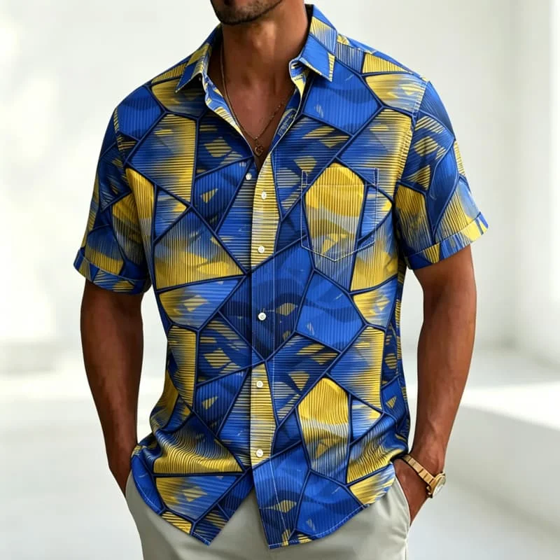 

Men's modern geometric printed short sleeved shirt with pockets, suitable for summer activities and daily casual wear