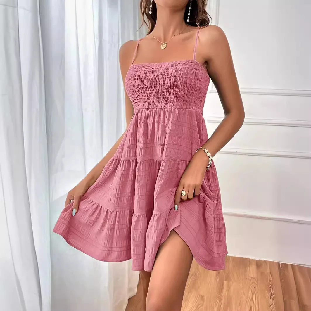 Summer 2026 Cross-Border Women's Fashion Thin Strap Pure Color Versatile Texture Dress High Waist Fairy Skirt Style Polyester