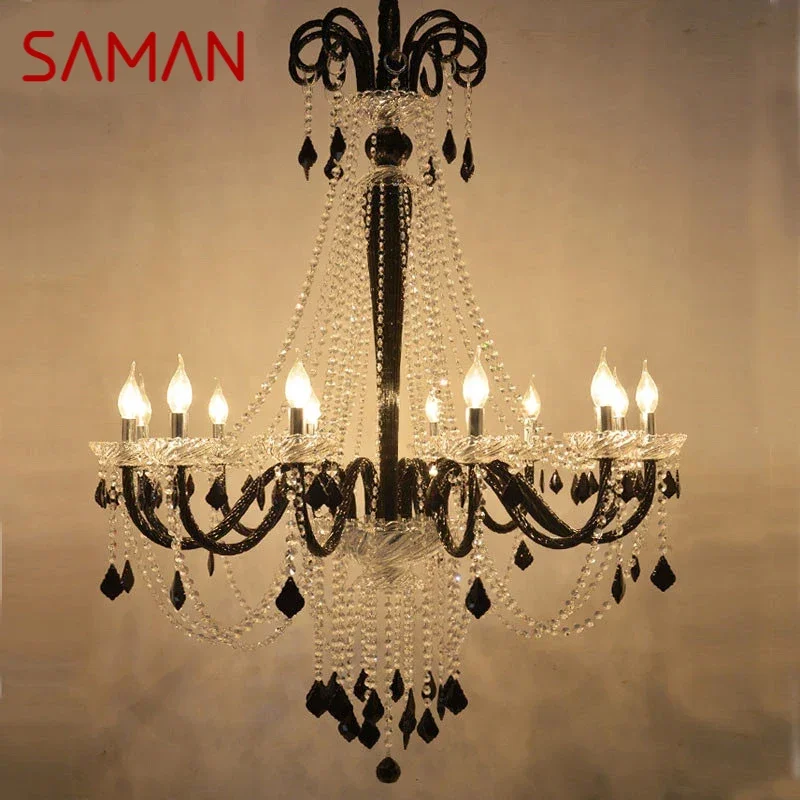 

SAMAN European Crystal Pendent Lamp Black Candle Lamp Living Room Restaurant Villa Staircase Duplex Building Chandelier