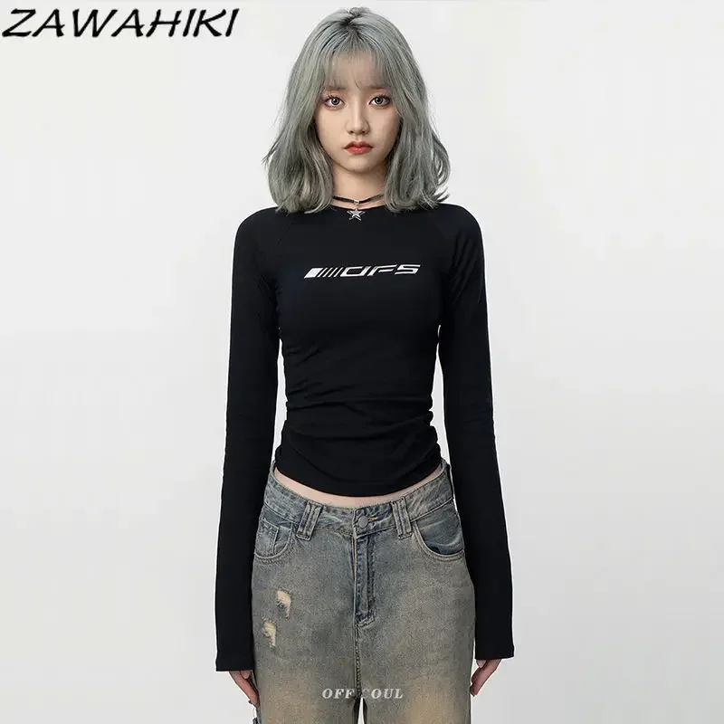 Chic Designed Letter Print Slim Y2K Long Sleeve Kpop Aesthetic T Shirt Women Fall Winter Sweet Fashion All Match Tops Mujer