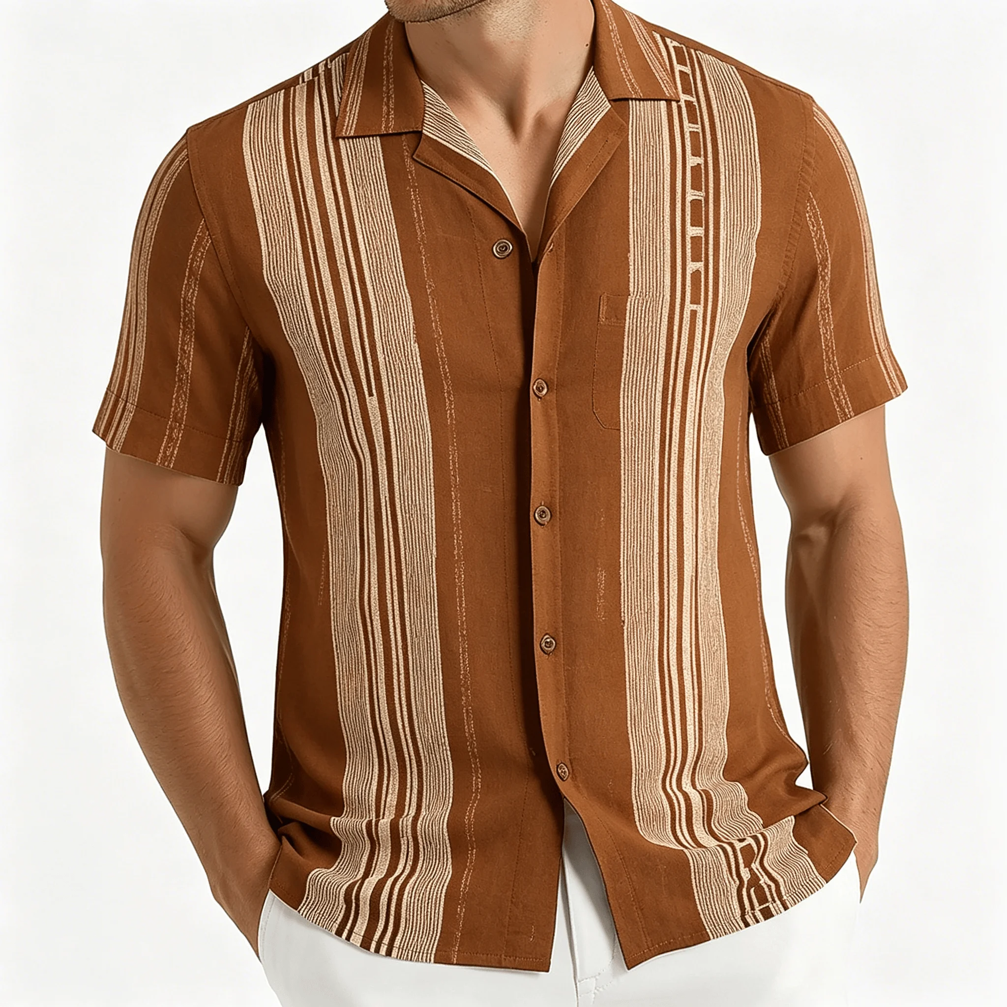 Herren Vintage Gestreiftes Kurzarmhemd, Böhmisches Vertikalstreifen-Design, Strandurlaub Freizeitkleidung für Männer