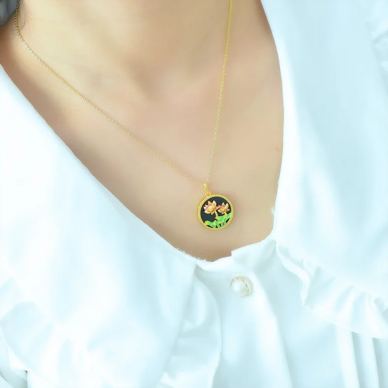 

Silver inlay Hetian jade tower green round flat enamel pendant