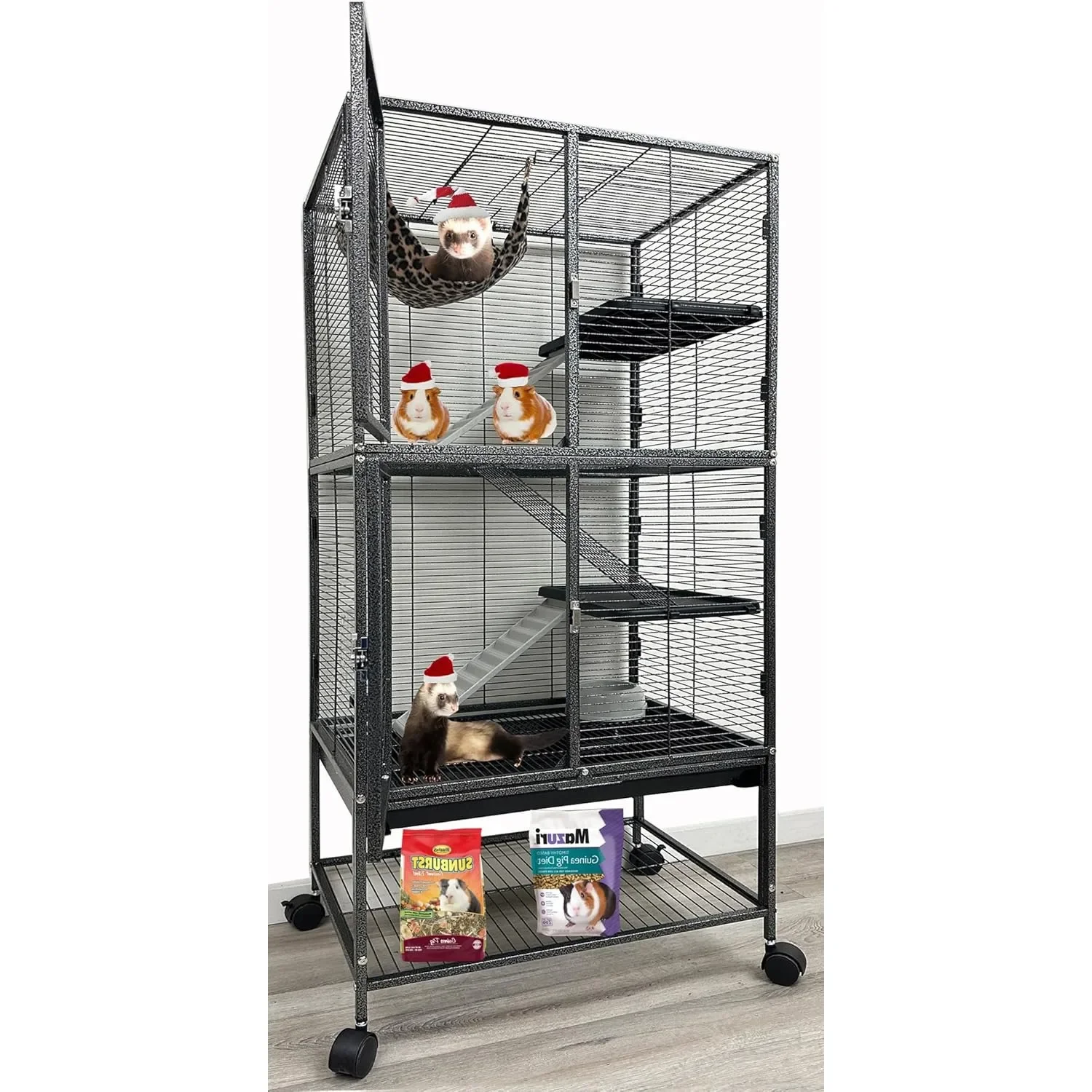 

Two Full Story 4-Tiers Tight 1/2-Inch Bar Spacing Large Front Doors for Feisty Ferret Small Animals Critters Rolling Cage