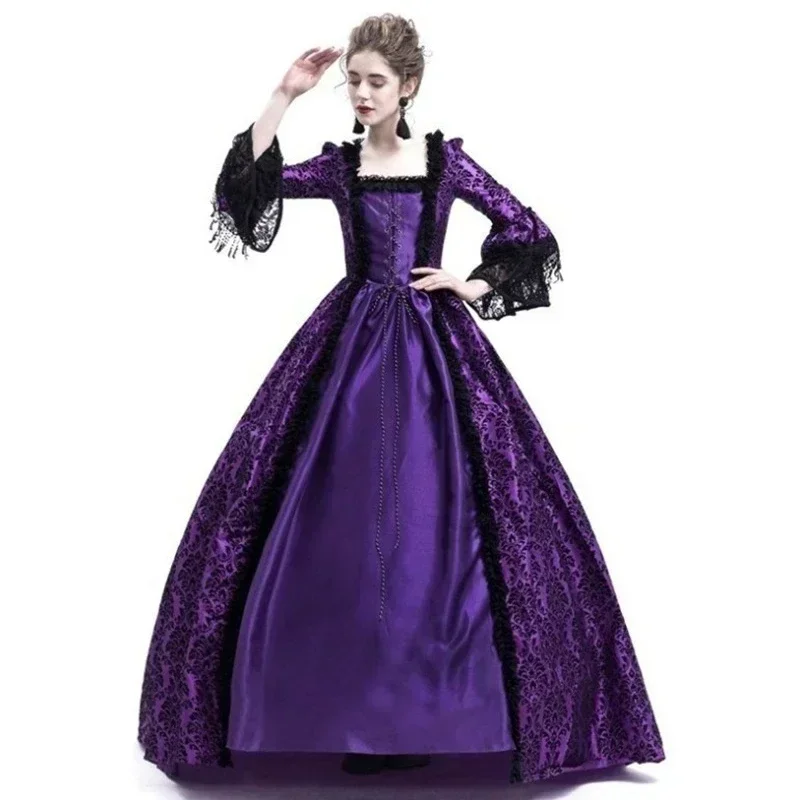 Women's Vintage Long Sleeve Dress Medieval Victorian Court Lace Patchwork Gothic Dress Halloween Witch Cosplay Party Costume