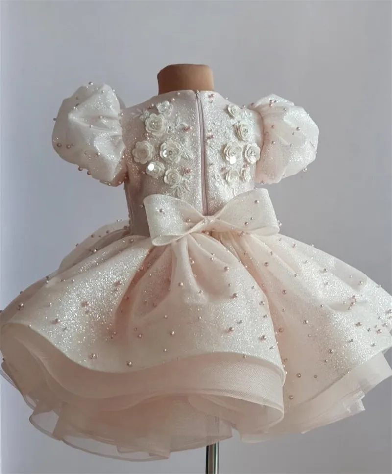 Blush Baby Girls Birthday Party Gown with Bow Floral Lace Pearls Flower Girl Dress Knee Length First Communion Dress 12M 24M