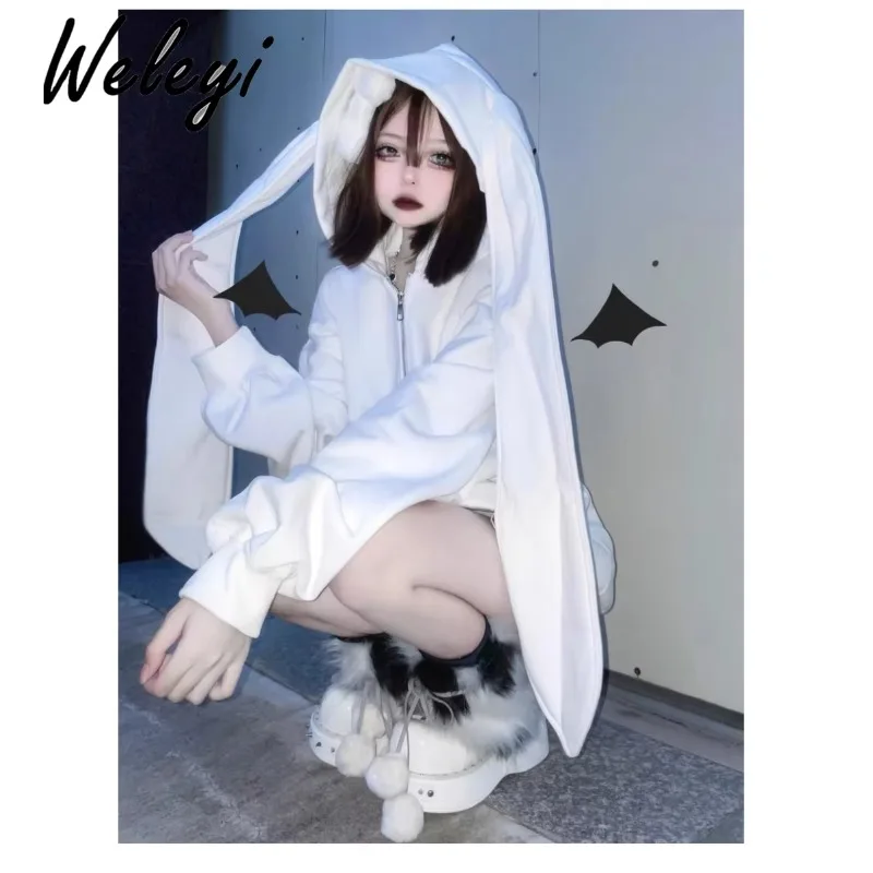 Y2K Cute White Fleece Rabbit Ears Hooded Hoodie Female 2024 Fall New Jirai Kei Style Yabi Loose Hot Girl Punk Long Sleeve Jacket