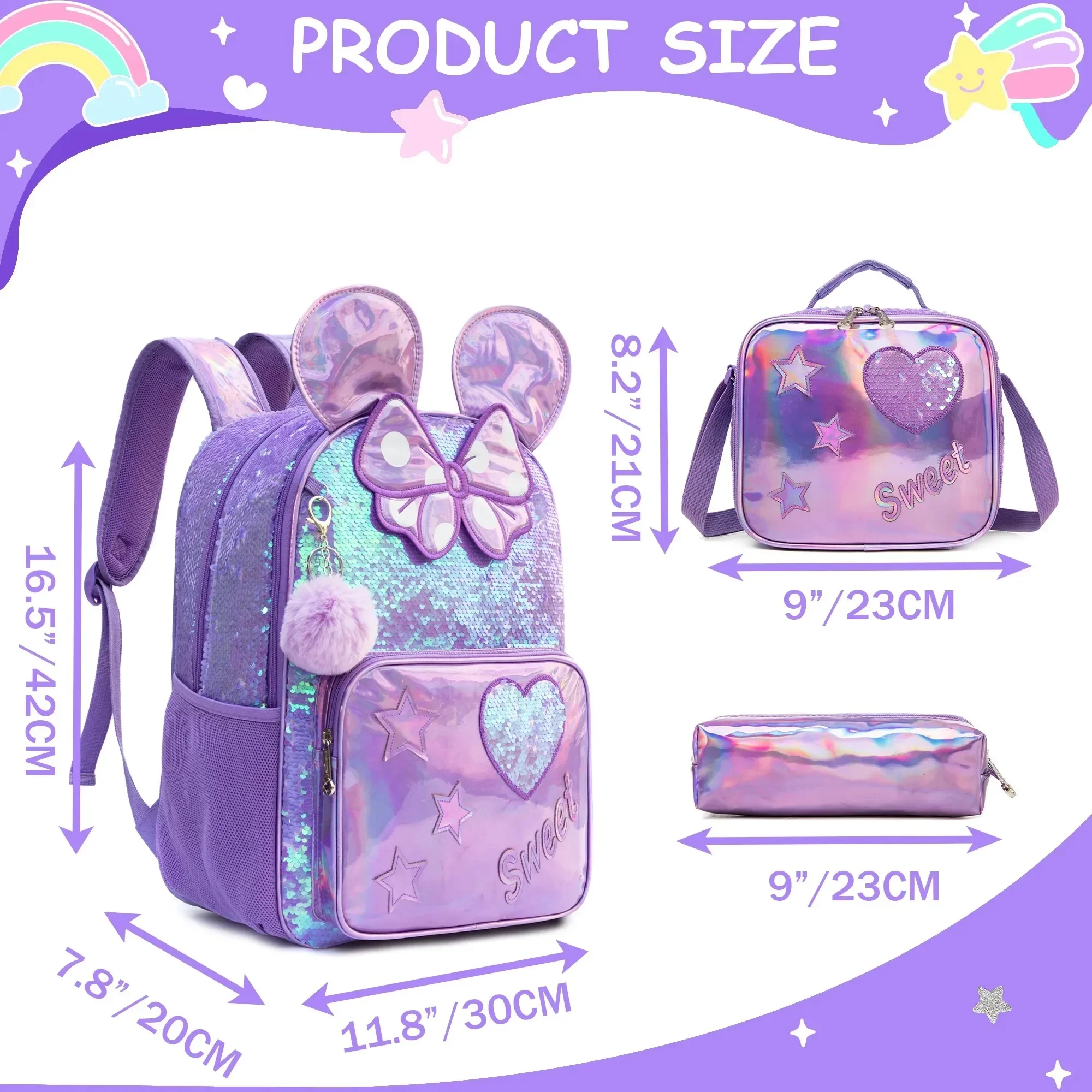 

3PCS School Backpack for Girls Kids Cute Sequin Bookbag for Elementary Students School Bag with Lunch Bog Back to School Gift