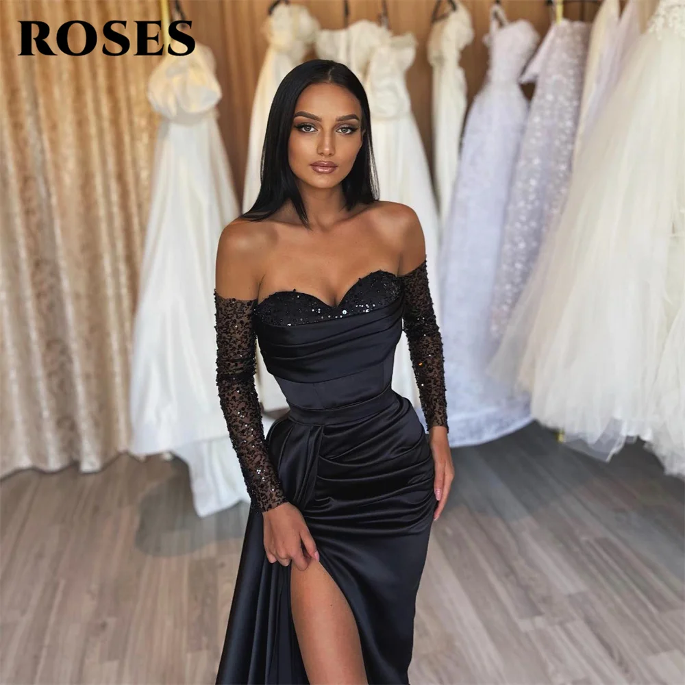 ROSES Off The Shoulder Chic Woman Evening Dress Black Sequin Gown Ball Gown Pleat Night Dress Gown Court Train robes de soirée