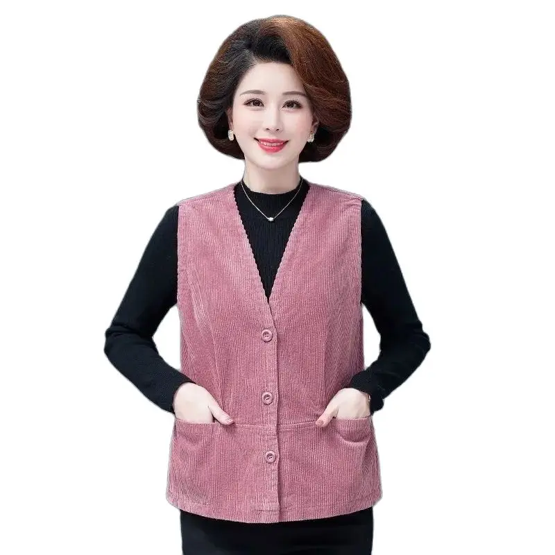 

Women's Corduroy Vest 2023 Spring Autumn Sleeveless Coat Jackets Middle-Aged Elderly Mothers Casual Waistcoat Tops 5XL Big Size