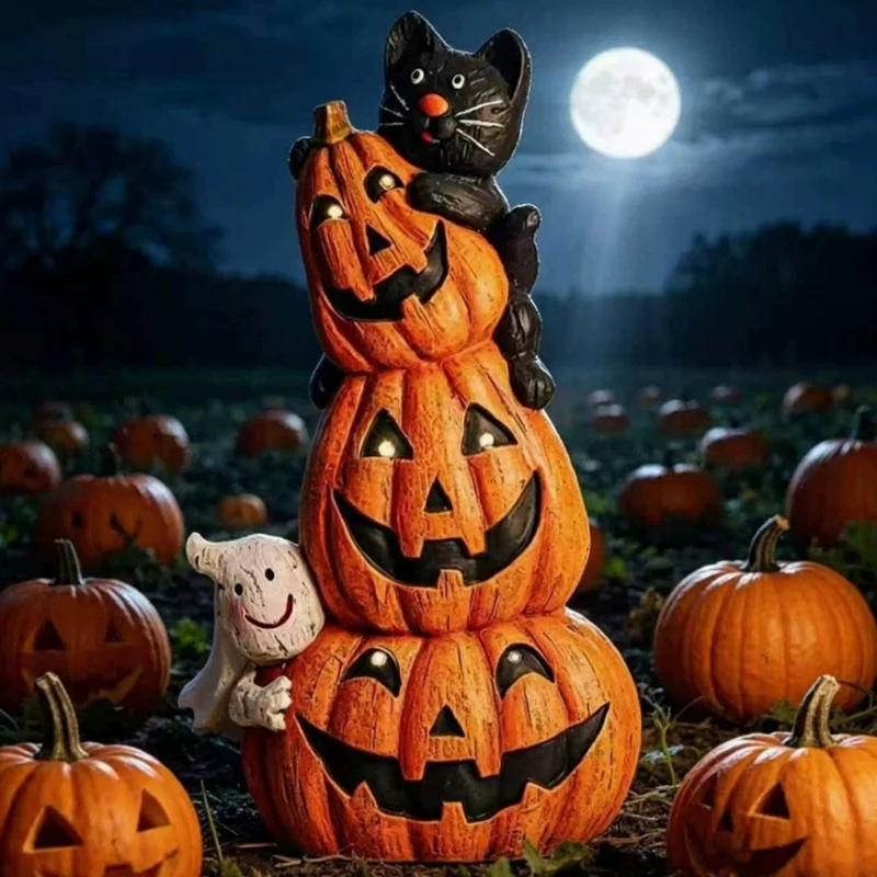Halloween Resin Figurine Pumpkin Man Statue Stack Pumpkin Black Cat Ghost Sculpture Tabletop Ornament Halloween Party Decor Gift