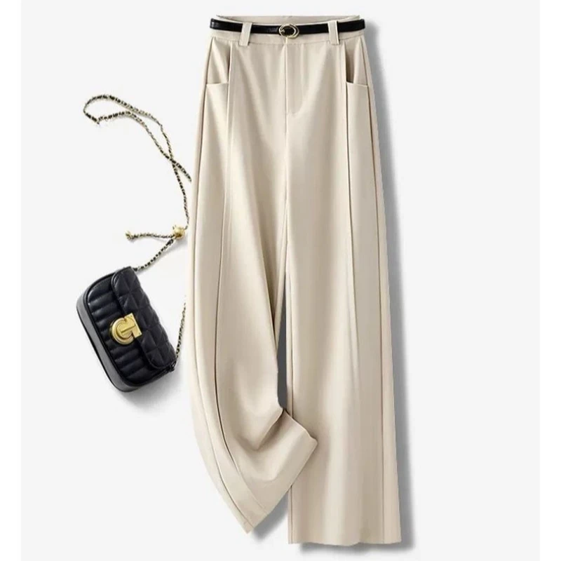 Women High Waist Wide Leg Suit Pants Front Vertical Seam Loose Long Trousers Solid Elegant Office Casual Straight Leg Bottoms