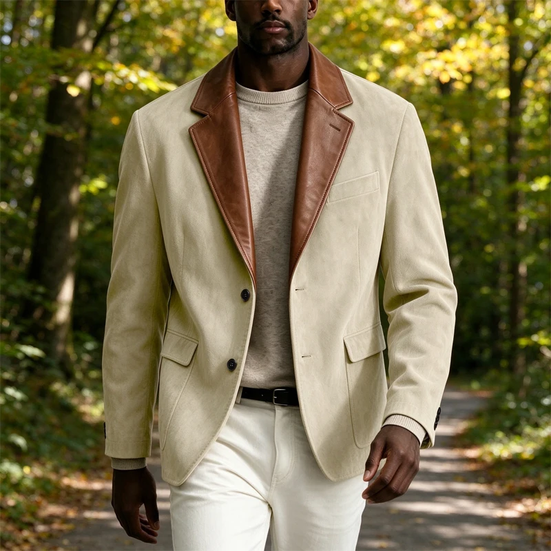 Men's Suede Blazer Leather Notch Lapel 2 Buttons Slim Fit Suit Jacket Casual Business Sport Coat Male Autumn Winter Daily Wear