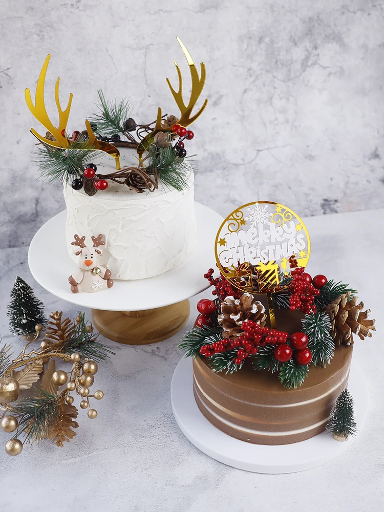 New Year Christmas Cake Decoration 2026 Acrylic Antlers Circular Pinecone Decor Merry Christmas Cake Topper Baking Ornament 2026