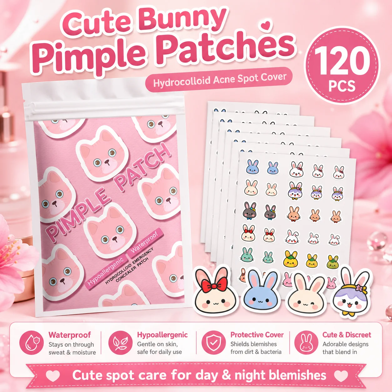 120pcs Cartoon acne patch, cute cat-shaped facial concealer acne patch, safe, non-toxic, gentle and non-irritating, suitable for