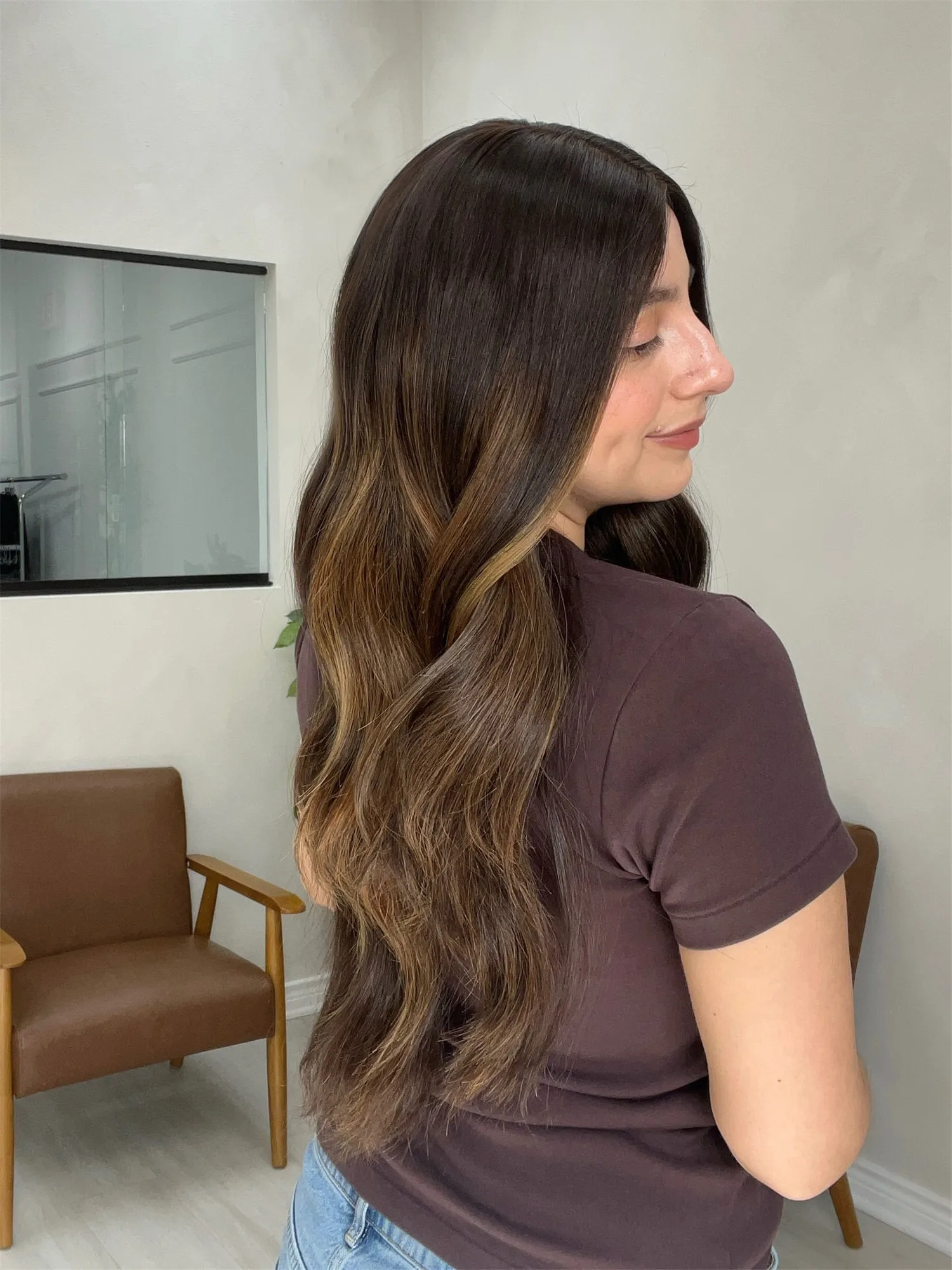 Top Sale Long Wavy High Quality Synthetic Lace Wig with Ombre Brown Highlights  24 inch Heat Resistant Fiber Hairpiece for Women