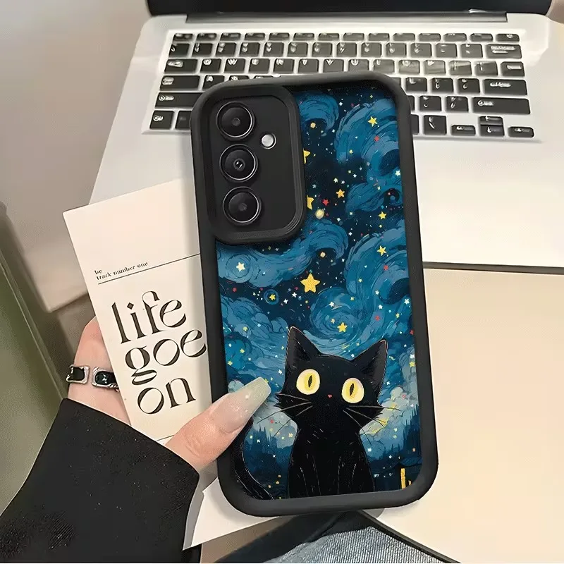 Matte Ladder Edge Shockproof Phone Case For Samsung Galaxy A73 A72 A71 A56 A55 A54 A53 A52 A51 Starry Sky Black Cat Print Cover