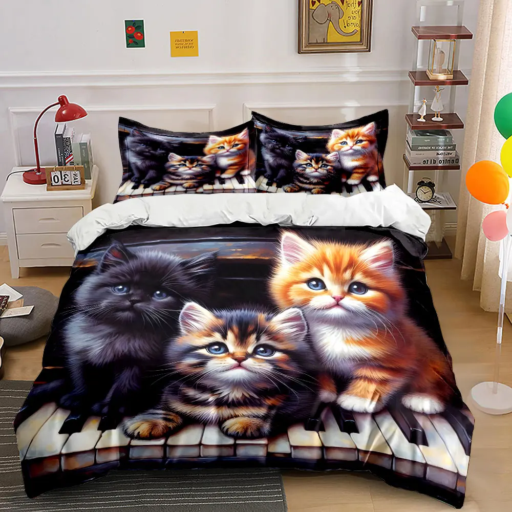 Adorable kittens sitting on piano Print Soft Comfortable Duvet Cover Bedding Set Included 1*Duvet Cover 2*Pillowcases
