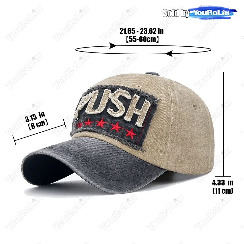 New PUSH Patch-Embroidery Distressed Edge Washed Baseball Cap,Unisex Stylish Distressed/Faded Two-Tone Peaked Caps,Trucker Hat