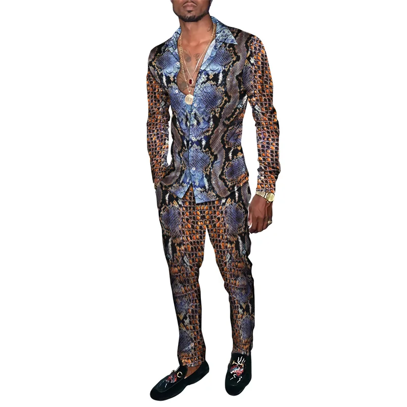 Traje de camisa hawaiana con estampado de leopardo en 3D para hombre, conjunto de 2 piezas a cuadros a rayas, camisa de manga larga transpirable, pantalones largos, trajes de dos piezas