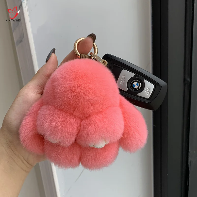 2024 Multicolor Rabbit Keychain Ring Fluffy Real Fur Pompon Bunny Trinket Key Chain Charm Cute Ring On Bag Car Key Pendant