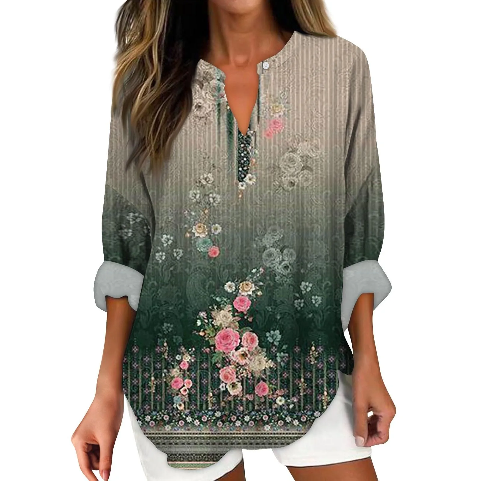 

Vintage Floral Printed V Neck Blouse Long Sleeve Casual Button Shirt Top Loose Fit Irregular Comfortable Tee Shirt Women