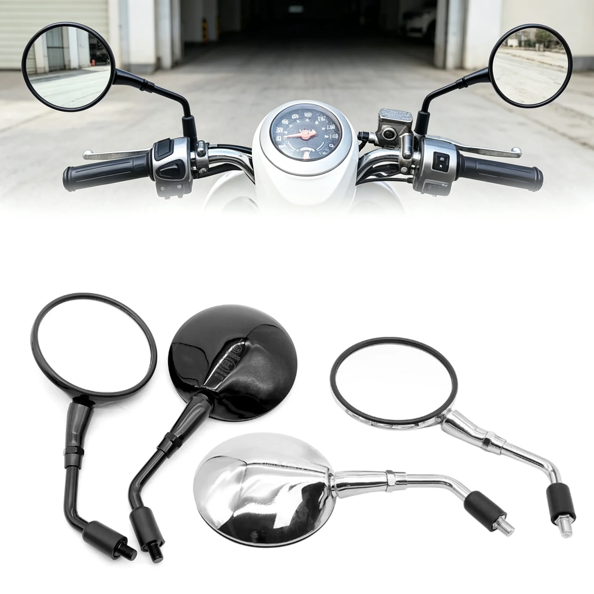 Chrome Round Motorcycle Rearview Mirror for Scooter, Retro Silver Mirror M10 Side Pair