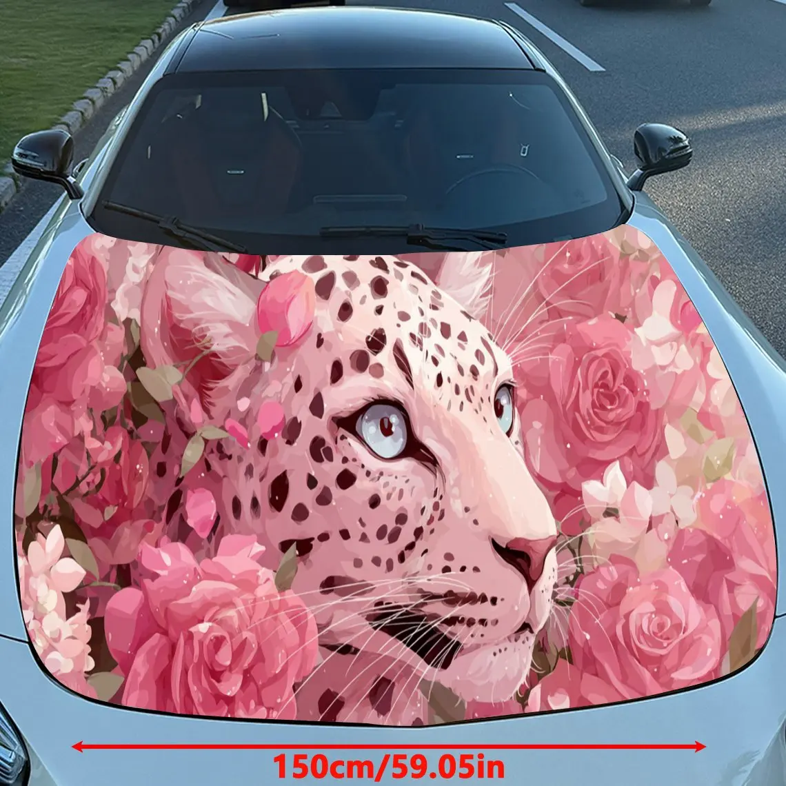 Romantic Pink Leopard with Roses PVC Car Engine Hood Vinyl Wraps, Self-Adhesive Waterproof Car Hood Decal Sticker, Car Decoratio