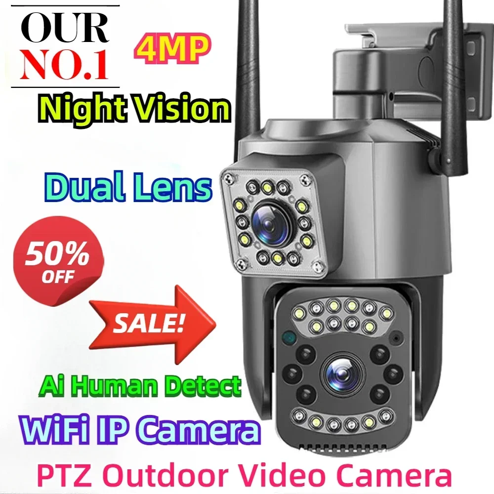 Wireless CCTV Security Protection Camera 4MP Dual Lens WiFi IP Camera Night Vision Ai Human Detect PTZ Outdoor Video Camera