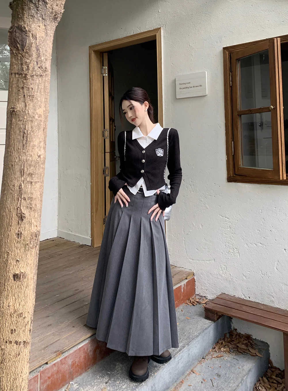 Shirt Stitching Contrast Sweater Blouse Women College Uniform Korean Autumn Spring Pleated Long Skirts Suits Short Knit Top