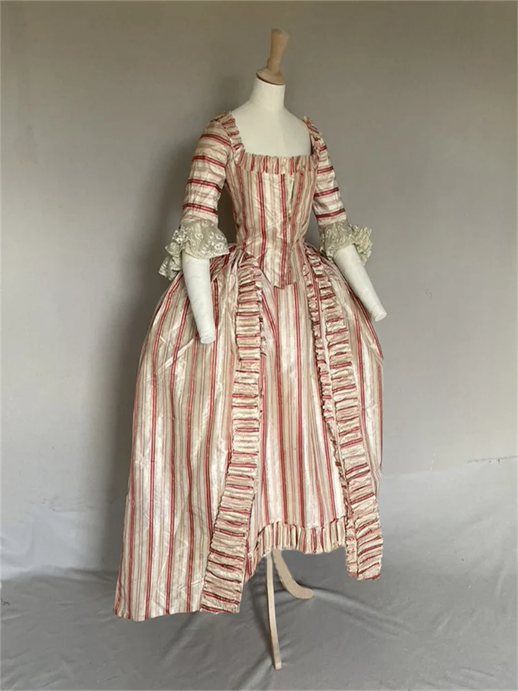 Gaun Bergaris Barok Rococo Marie Antoinette 1770S Jubah Renaisans Gaun Pesta A La Francaise