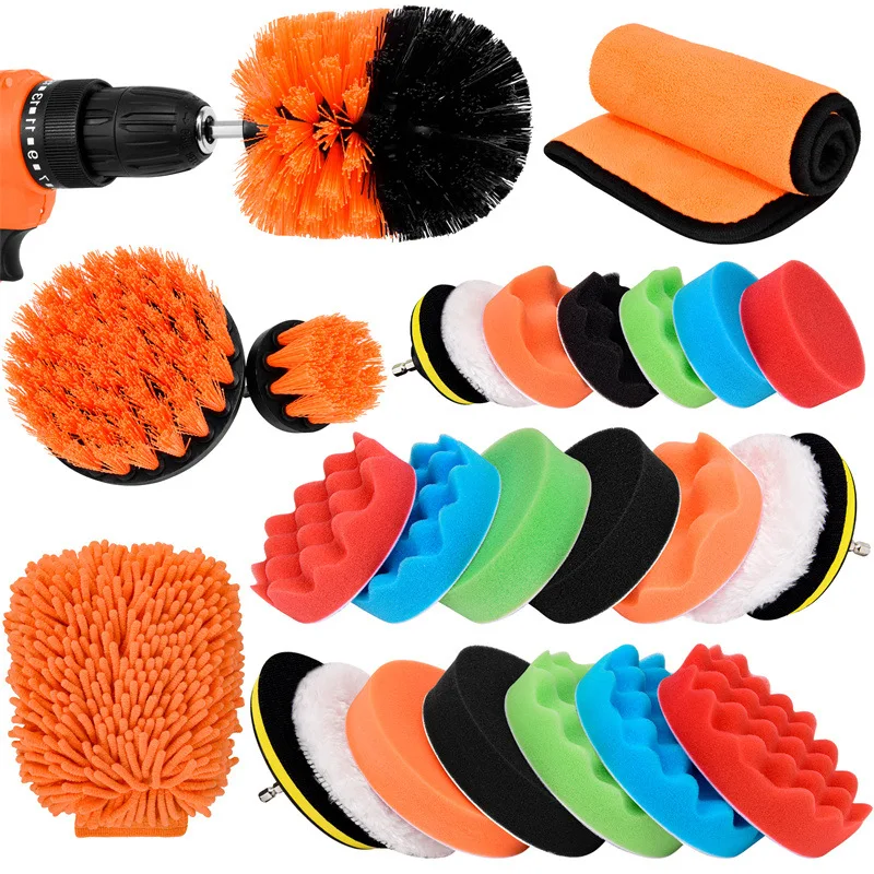 26pcs/set Drill Brush Car Waxing Sponge Pad Polishing Kit Wool Polishing Waxing Buffing Pads Kit for Cars Dirt Dust Cleaning Set