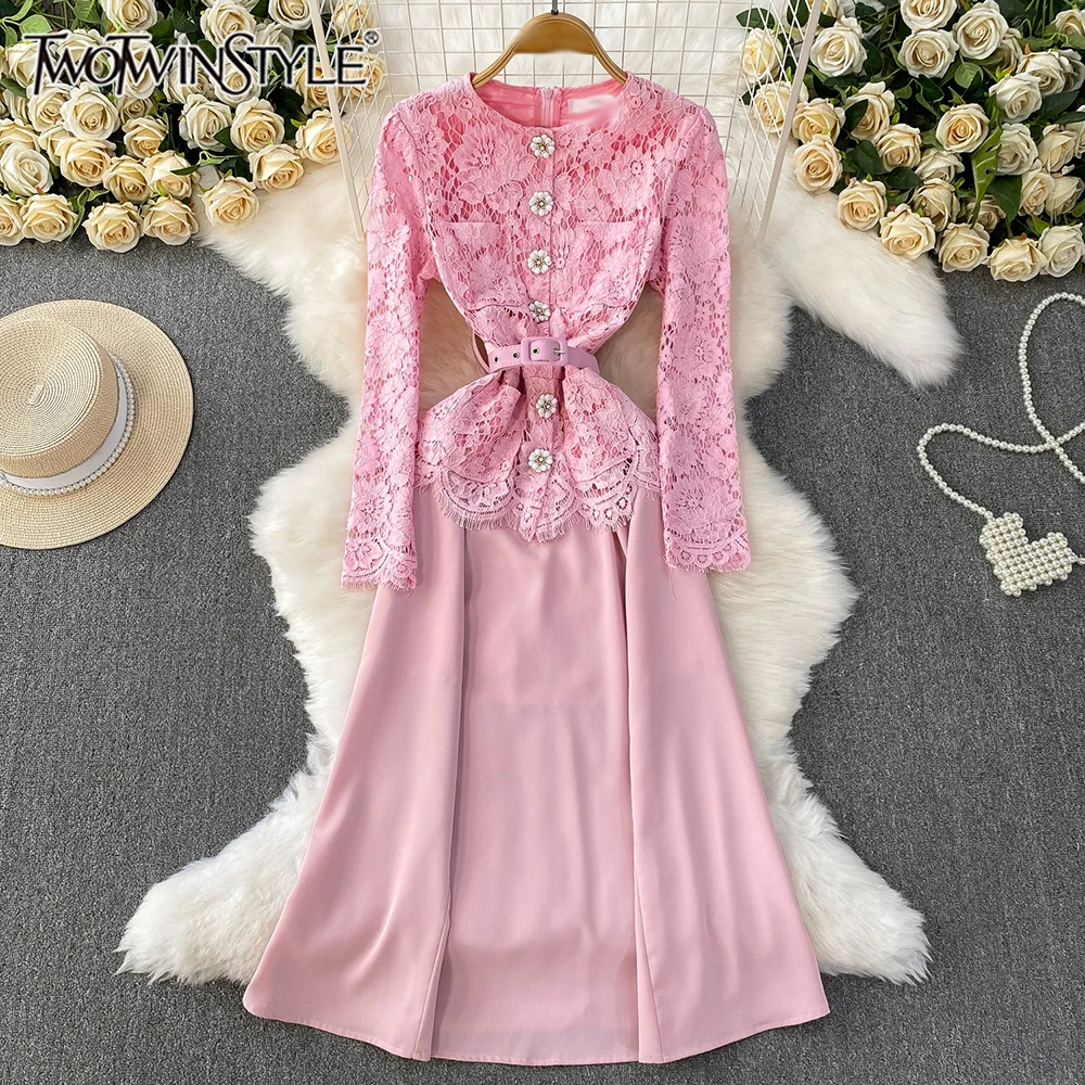 

TWOTWINSTYLE Solid Slimming Sweet Dresses For Women Round Neck Long Sleeve High Waist Draped Chic Dress Female Style KDR543882