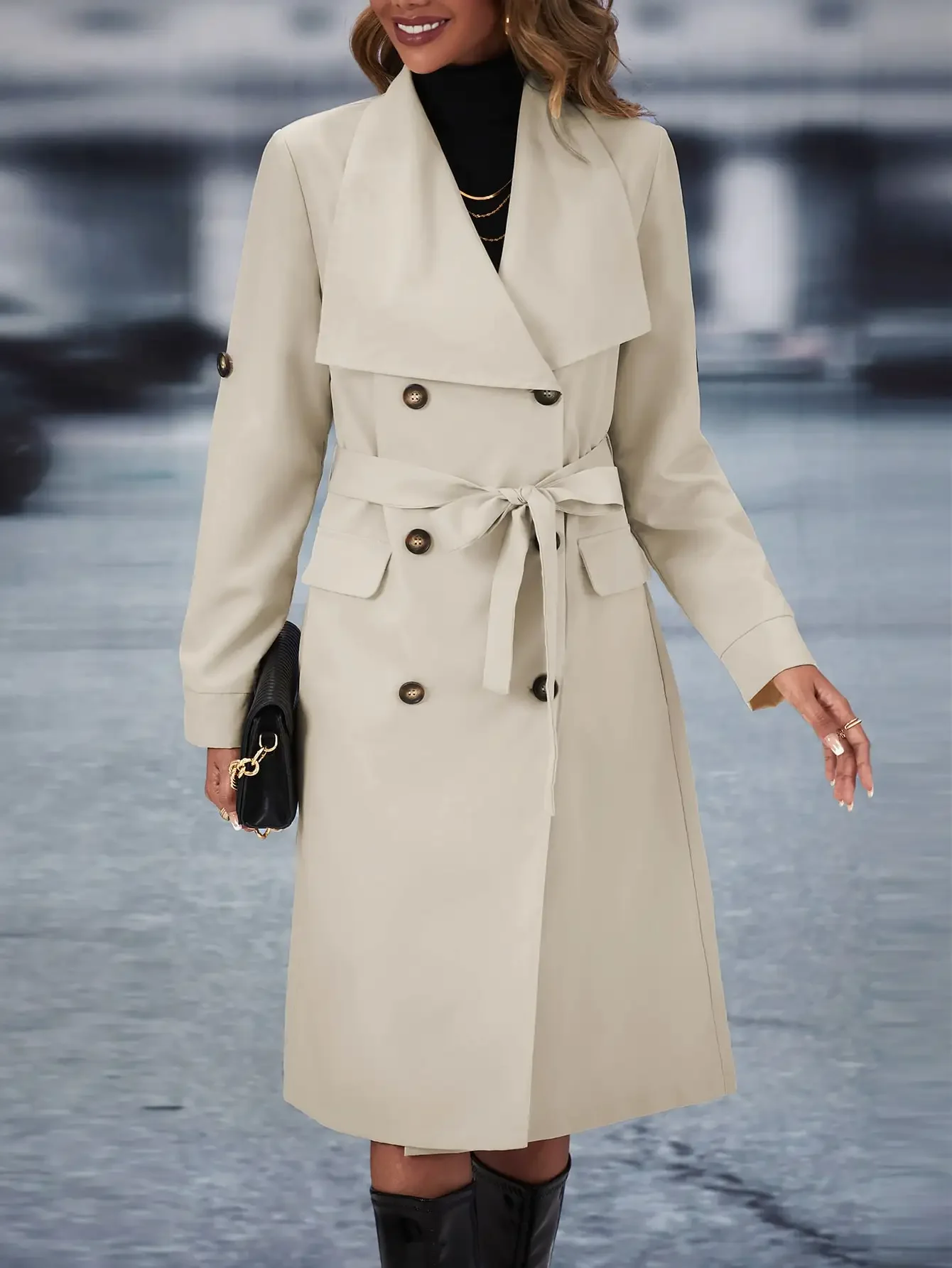 

Nice 2024 New Women's Trench Coat Coat Large Lapel Long Sleeve Double Buckle Roll Sleeve Woven Casual Elegant Windproof Ladies C