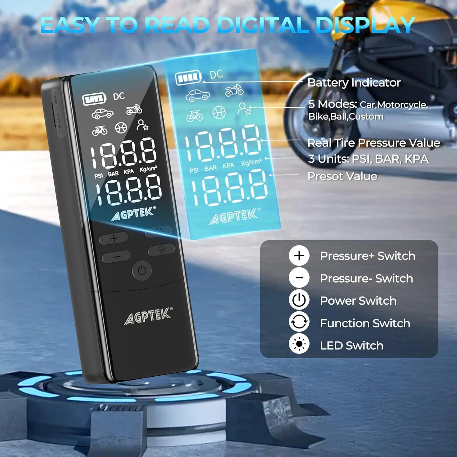 Portable Tire Inflator 150PSI Electric Air Pump with LCD & LED Light for Cars, Bikes, Motorcycles, Balls