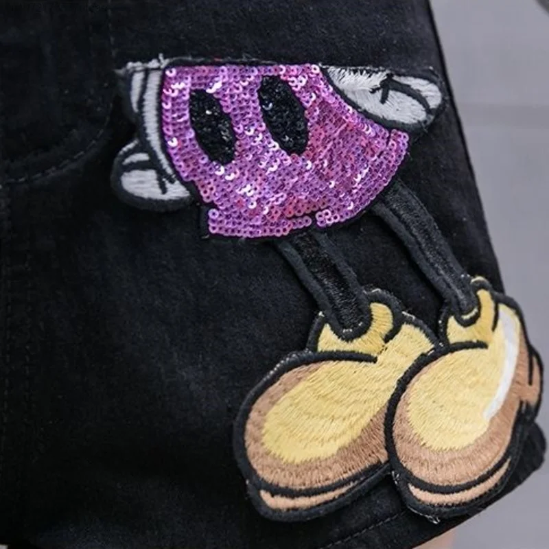 Disney Mickey Embroid Sequins 2 Piece Denim Shorts Sets For Women Y2k Tops New Summer Denim Shorts Oversize Slim Zipper Pants